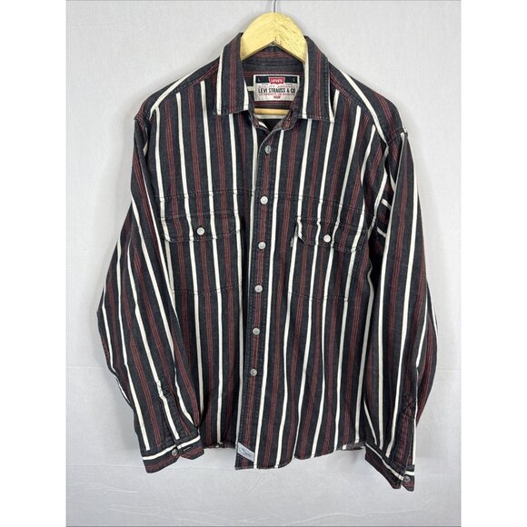 Levi’s Striped Western Shirt Hong Kong Made L 90s Denim Look Metal Buttons - Picture 1 of 7